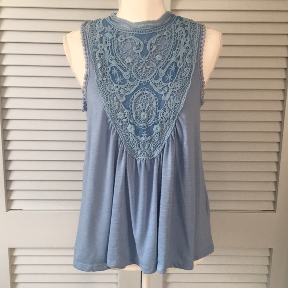 Altar’d State Blue Tank Top High Lace Neckline - Picture 2 of 8